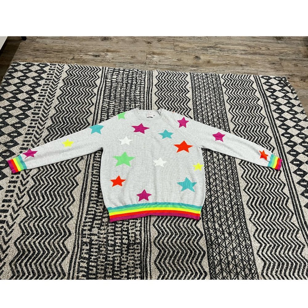Brodie Cashmere Whisper Rainbow Star Stripe Neon Grey Sweater Small Silk Blend